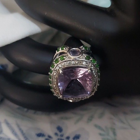 Vintage Amethyst Diamond & Emerald Sterling Silver Statement Ring Sz 8